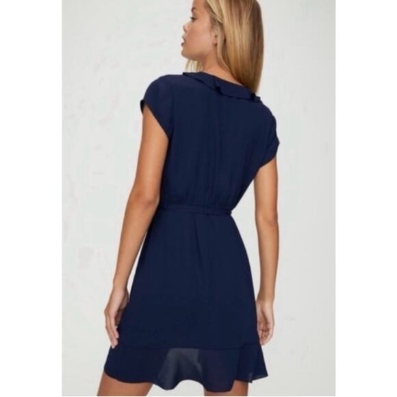 Aritzia Sunday Best Ruffle Wrap Chiffon Navy Mini Dress Size 2 - Picture 4 of 12